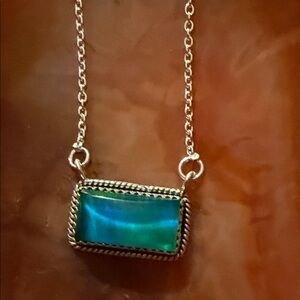 Sterling Sliver Blue Aurora opal and Gold Necklace 925 16-18 inch